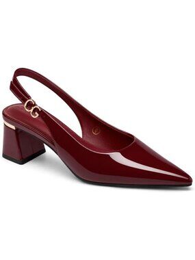 Women's Burgundy Patent Leather Slingback Chunky Heels Pointed Closed Toe Pumps